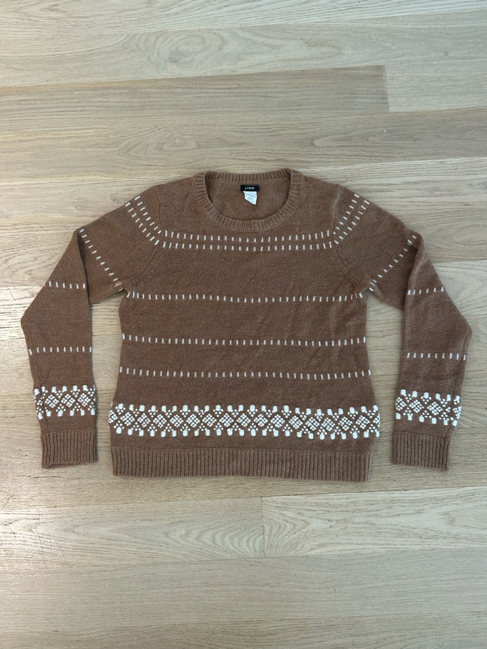 J. Crew Brown Crewneck Sweater with White Fair Isle Detail